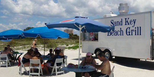 Sand Key Beach Grill with Umbrellas and Customers