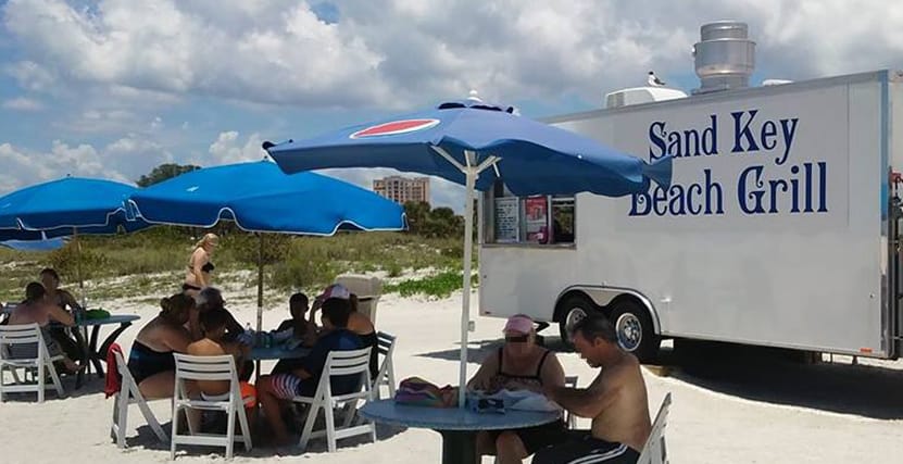Sand Key Beach Grill with Umbrellas and Customers